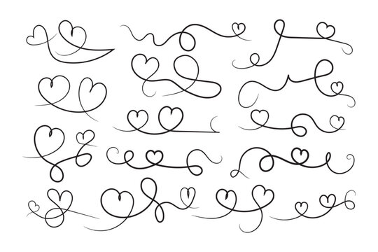
Hand drawn heart flourish swirls set, elegant calligraphic love divider borders with curly ornamental lines for wedding invitation romantic design
