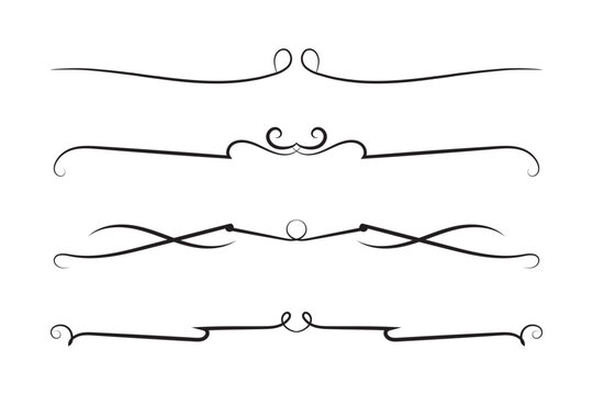 Vintage calligraphic text dividers set, elegant ornamental flourish borders with swirl curls for wedding invitation certificate header decoration

