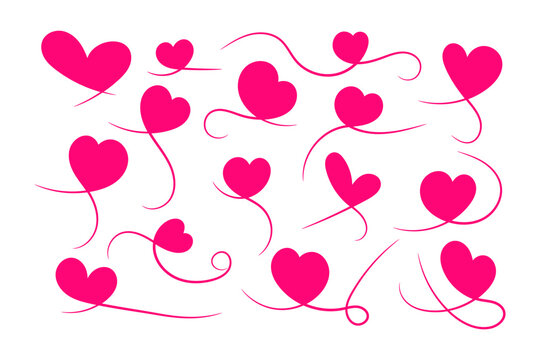 Hand drawn pink hearts with swirls, romantic love flourish doodle set for valentine wedding card decoration
