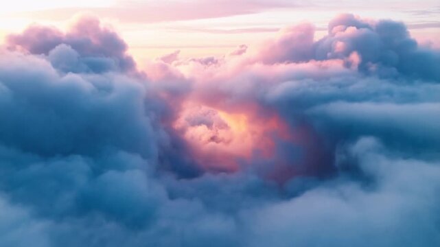 Pink and blue clouds fill the sky beneath a glowing pastel evening horizon