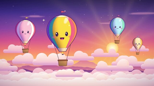 Cute kawaii hot air balloons floating over clouds at sunset pixel art illustration