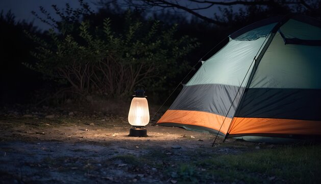 Glowing vintage lantern beside a camping tent at night in nature