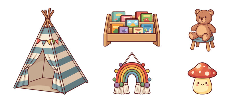 Set of cute children room decor elements with teepee tent bookshelf teddy bear rainbow and mushroom