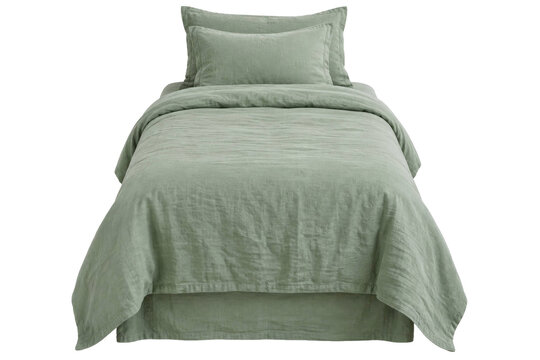 Single bed with sage green linen bedding set isolated on a clean white studio background