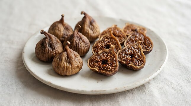 Dried figs arranged on a white ceramic plate on a light fabric surface for food presentation