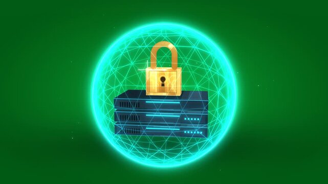 Cyber Security Concept Featuring a Gold Padlock Protecting a Cloud Server Array