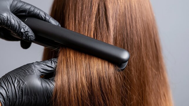 Stylist using flat iron on long brown hair in salon setting