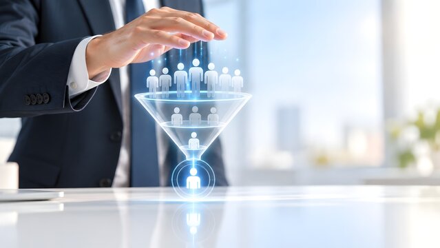 Businessman hand hovering over a digital holographic sales funnel filtering human icons representing recruitment process lead generation and targeted marketing strategy.