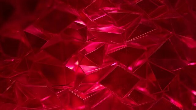 Red geometric crystal pattern shows glossy angular facets across an abstract surface