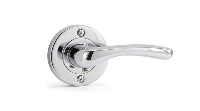 Polished chrome door handle with a round backplate on a white background