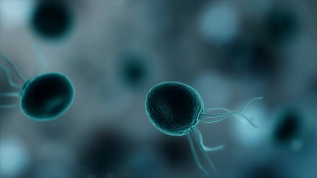 Bluetinted microbelike cells with whiplike tails drift in blurred background