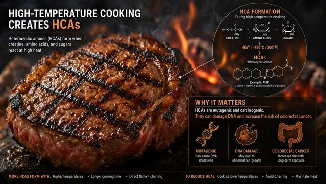 Scientific graphic of grilled meat displaying heterocyclic amines formed from creatine and sugars, with detailed inset illustrating hca mutagenesis and colorectal cancer pathways