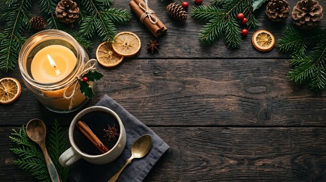 A warm and inviting christmas scene featuring glowing candlelight rustic wood textures and festive decorations evoking feelings of joy and peaceful celebration during