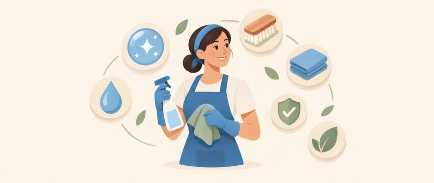 Woman cleaning with spray bottle and cloth, surrounded by eco-friendly household care symbols. Green cleaning and sustainable home maintenance. Hygiene, sanitation and domestic chores.
