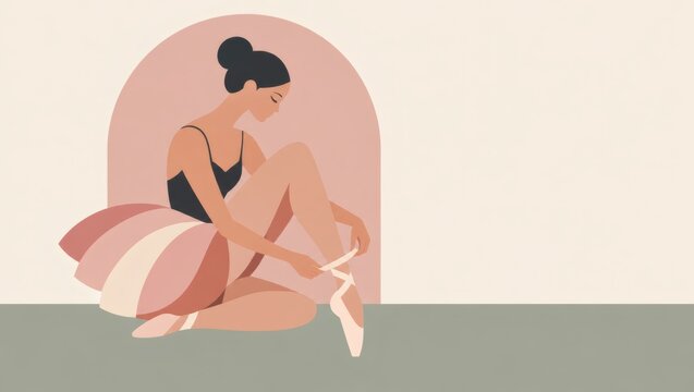 Illustration of woman seated and stretching her leg against abstract geometric backdrop. Flexible movement and body care. Fitness, wellness and healthy lifestyle concept.