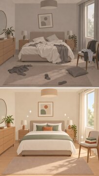 Bedroom shown before and after tidying, with rumpled bedding transformed into a neatly made bed. Bedroom organization and decluttering. Home care and housekeeping.