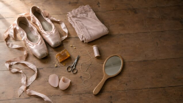 Ballet pointe shoes and folded dancewear with sewing tools on wooden floor. Ballet preparation and costume repair. Classical dance practice. Performing arts and stage wardrobe.
