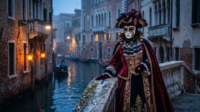 Masked Figure on Venice Bridge at Dusk Cinematic Photography