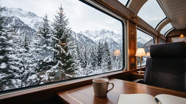 Interior View of Luxury Train Cabin with Panoramic Windows Overlooking Snowy Alps