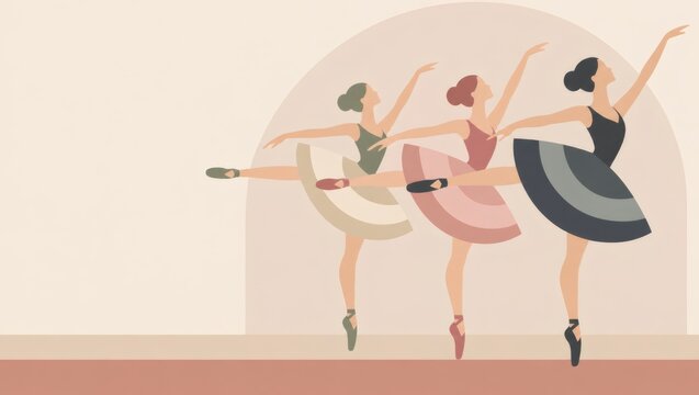 Three ballerinas perform a synchronized dance pose in a studio. Ballet, classical dance and performing arts. Graceful movement, teamwork and rehearsal. Minimalist vector illustration