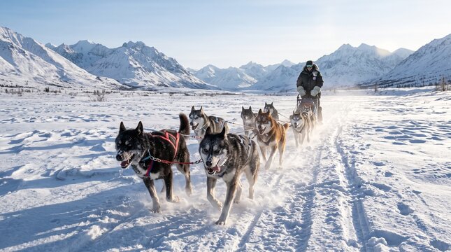 Siberian Husky Team Pulling Sled in Snowy Arctic Landscape