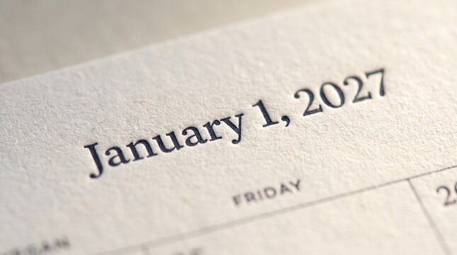 Macro Shot of January 1 2027 Date on Paper Calendar