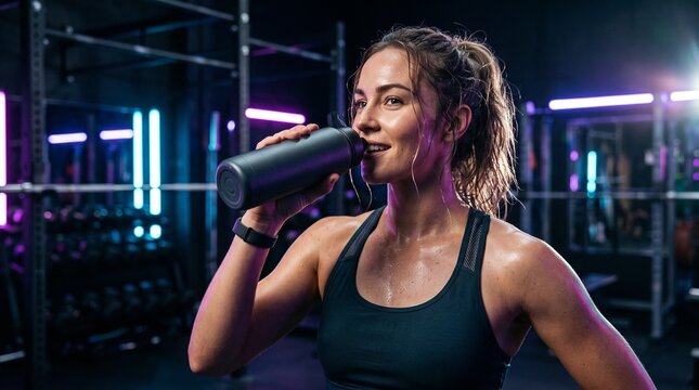 Athletic Woman Drinking Water and Resting After Intense Fitness Workout