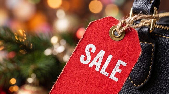 Close-up of Red Sale Tag with Festive Holiday Bokeh Background