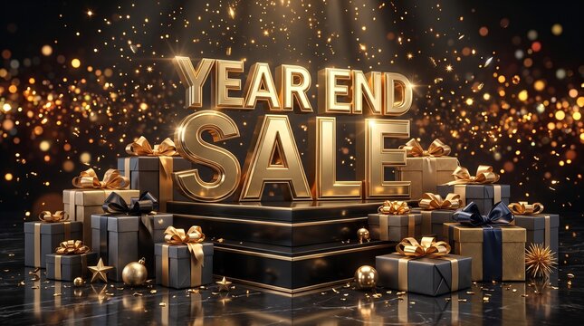 Luxury Year End Sale 3D Rendering with Gold Letters and Premium Gift Boxes