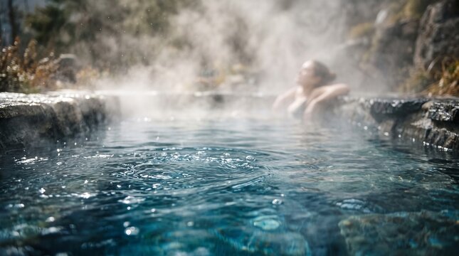 Ground Level Eye View of Relaxing Spa Session in Steamy Blue Mineral Water