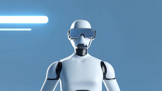 White humanoid robot with blue visor standing still against glowing blue light streaks