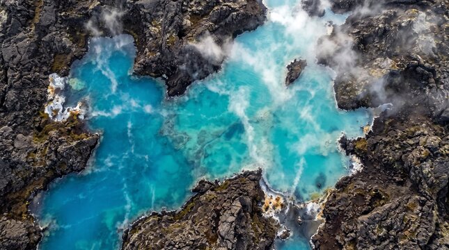Top Down Aerial View of Crystal Clear Blue Lagoon and Volcanic Rock Formations