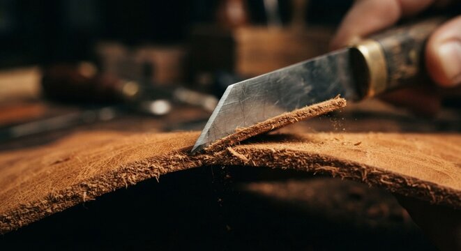 Artisan Hand Skiving Thick Brown Leather with Sharp Craft Knife