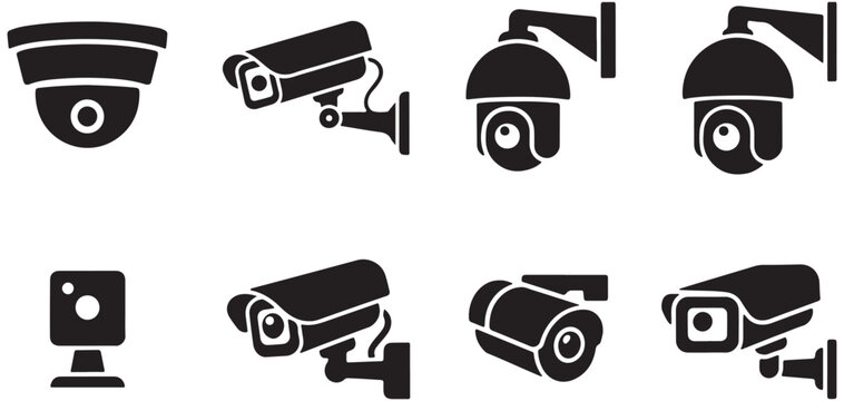 CCTV surveillance security camera black icon set featuring dome bullet and wall mounted cctv monitoring camera vector illustration