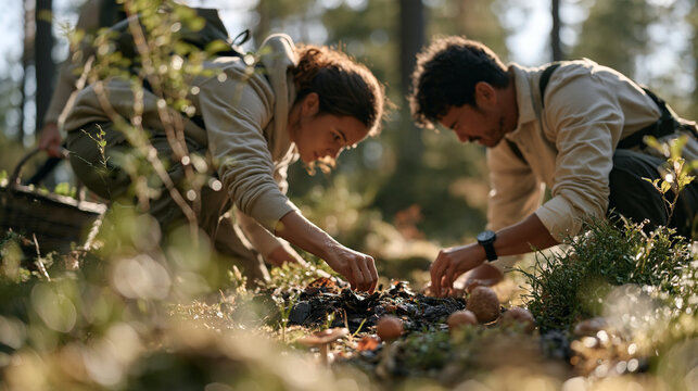 A couple searching for mushrooms in a sunlit forest after a rainy night, viewed through foreground branches, one person carrying a basket while the other examines a patch of damp