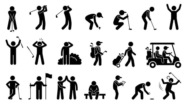 Comprehensive golf player stick figure icon set, depicting various golfing actions, poses, and equipment; versatile black and white pictogram collection for sports, recreation