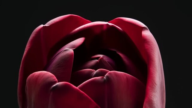 Red tulip bud slowly opening its petals against a dark black background