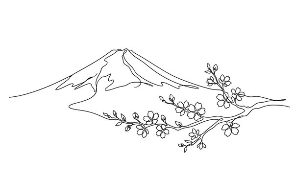 Japan and chains  new year coulter vector new design 2027 Minimalist mountain illustration with flowering branch Vector, illustration