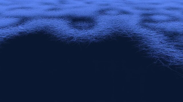 Blue fur strands covering wavy surface above dark navy background with empty space