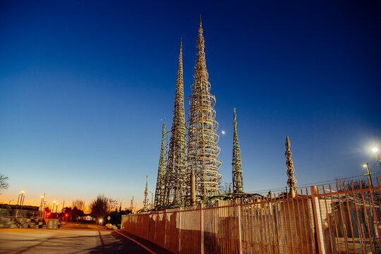 Watts towers steel and wire sculpture at twilight in California