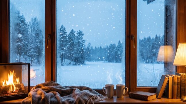 Cozy winter cabin view with a warm fireplace, steaming mugs, and snowy landscape outside the window