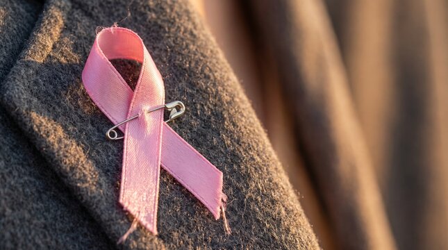 Pink ribbon pinned to a jacket as a symbol of breast cancer awareness, support, and hope