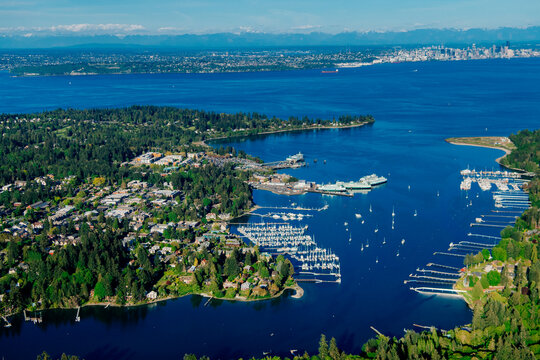 Aerial view of Bainbridge Island harbor and puget sound waterway
