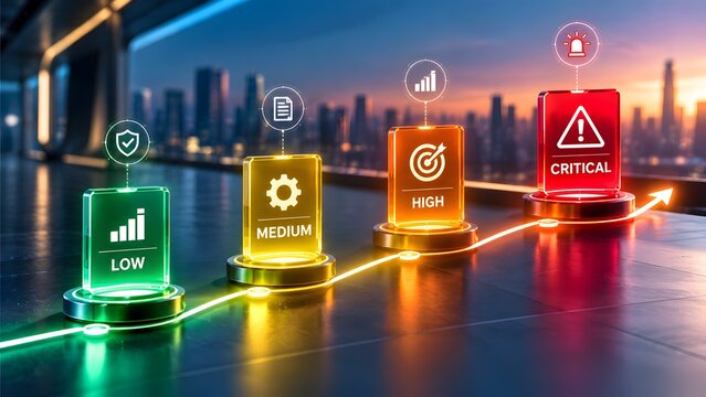 Glowing glass blocks showing risk progression from low to critical with upward trending graph against a modern twilight cityscape.
