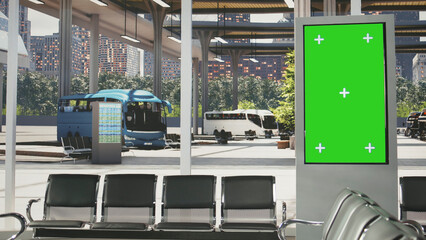 Green screen, digital signage and bus terminal as bright chroma key display stands by empty seats and coaches. Advertising, screen replacement and wayfinding support transit messaging at station. © DC Studio