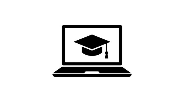 Online education concept with a graduation cap icon displayed on a laptop screen