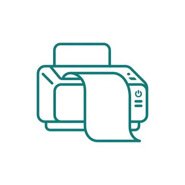 Minimalist line art printer icon with power button and paper output