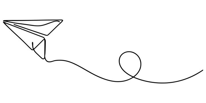 Single line paper plane drawing with motion trail represents travel freedom and creative startup business launch ideas.
