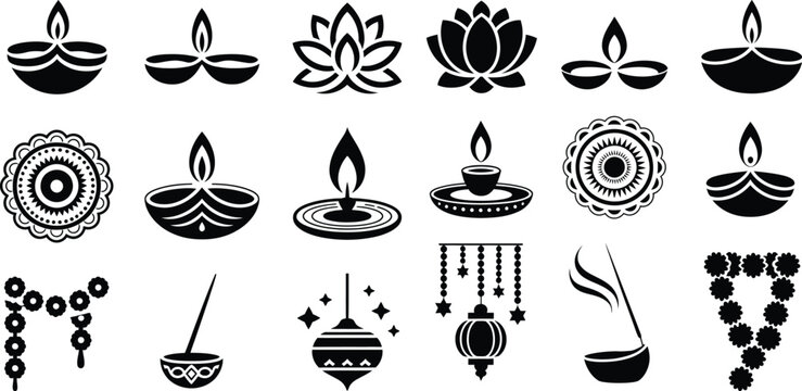 Diwali Festival Vector Icon Set with Traditional Oil Lamps, Lotus Flowers and Decorative Ornaments