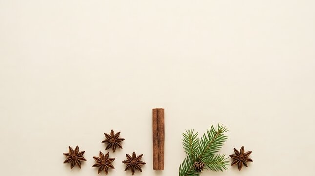 A serene and minimalist christmas composition featuring natural elements like pinecones evergreen branches and a cinnamon stick evoking a cozy winter atmosphere and